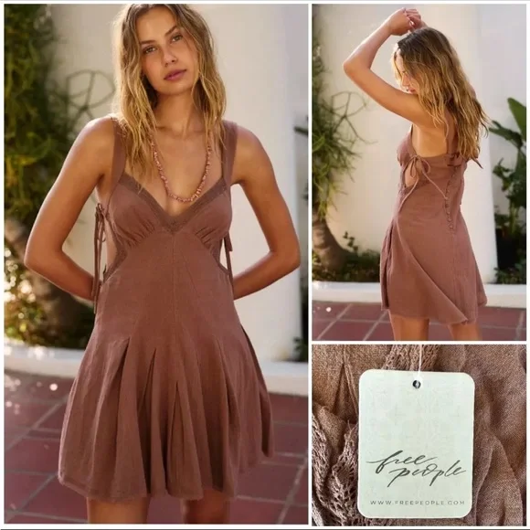 Free People Vivi Mini Fit & Flare Style Dress in Brownie Brown - Picture 1 of 6